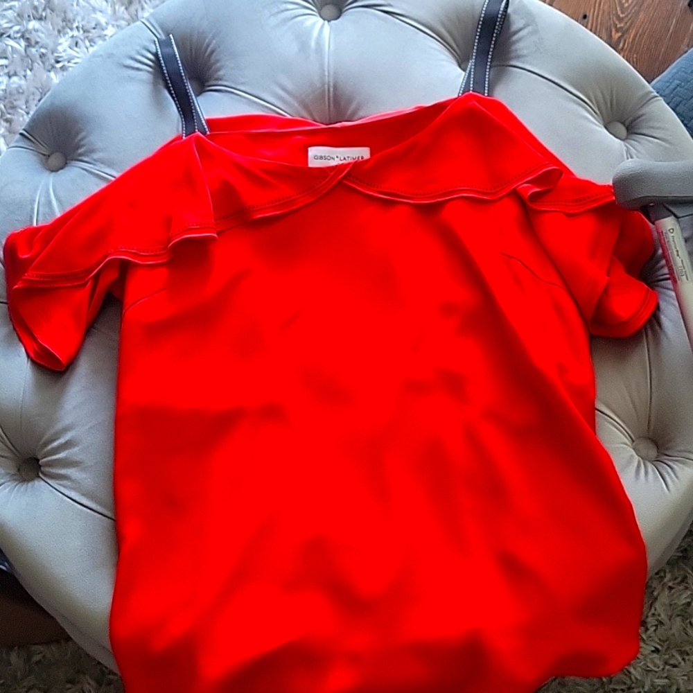 Red Womans off shoulder top.   Brand is Gibson and Latimer from Dilliards